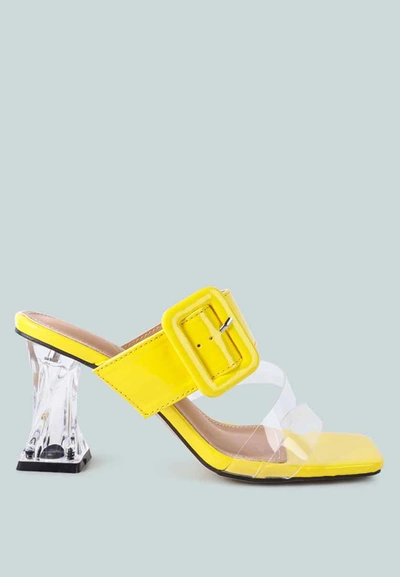 Shop London Rag City Girl Printed Mid Heel Slide Sandals In Yellow