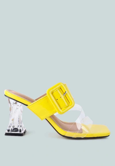 London Rag City Girl Printed Mid Heel Slide Sandals In Yellow