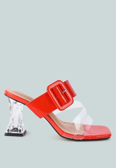 Shop London Rag City Girl Printed Mid Heel Slide Sandals In Red