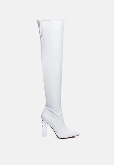 London Rag Noire Thigh High Long Boots In Patent Pu In White