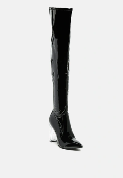 London Rag Noire Thigh High Long Boots In Patent Pu In Black