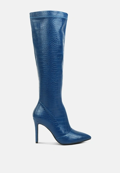 London Rag Wheedle Croc High Heeled Calf Boots In Blue