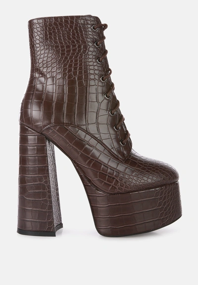 London Rag Magdalene Croc High Block Heeled Boot In Brown