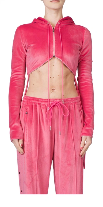Shop Priscavera Cropped Zip Up Velour Hoodie In Hot Pink