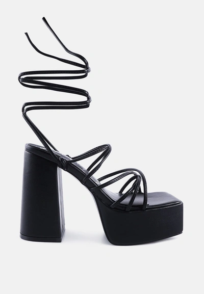 London Rag Croma Metallic Block Heeled Lace Up Sandals In Black