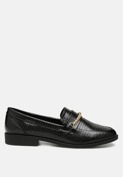 Shop London Rag Vouse Low Block Loafers Adorned With Golden Chain In Black