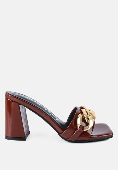 London Rag Playdoll Metal Chain Detail Block Heel Sandal In Brown