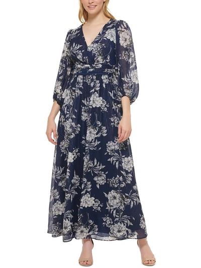 Shop Jessica Howard Petites Womens Metallic V-neck Maxi Dress In Blue