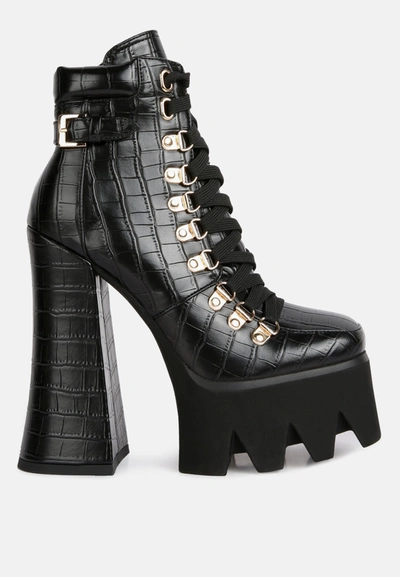 London Rag Boogie High Platform Block Heel Lace Up Biker Boots In Black