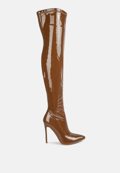 London Rag Riggle Patent Pu Stiletto Long Boots In Brown