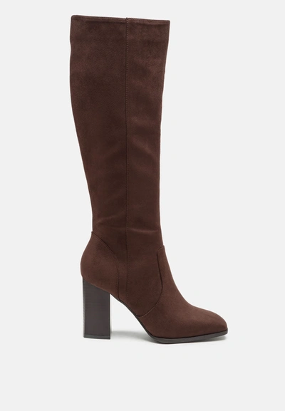 Shop London Rag Zilly Knee High Faux Suede Boots In Brown