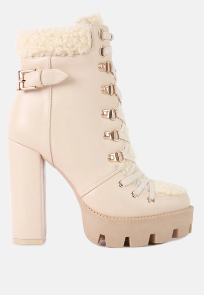 Shop London Rag Pines Faux Fur Collared Platform Ankle Boots In Beige