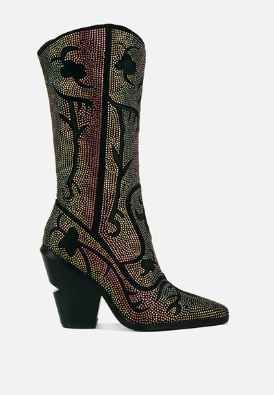 London Rag Glimmer Rhinestones Embellished Shimmer Calf Boots In Black