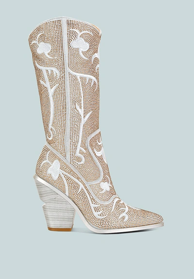 London Rag Glimmer Rhinestones Embellished Shimmer Calf Boots In Silver