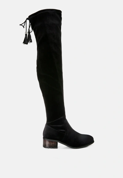 LONDON RAG RUMPLE VELVET OVER THE KNEE CLEAR HEEL BOOTS 