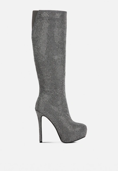 Shop London Rag Nebula Rhinestone Embellished Stiletto Calf Boots In Grey