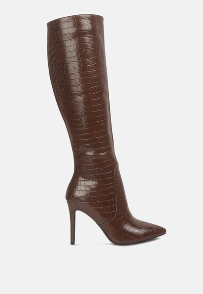 Shop London Rag Indulgent High Heel Croc Calf Boots In Brown