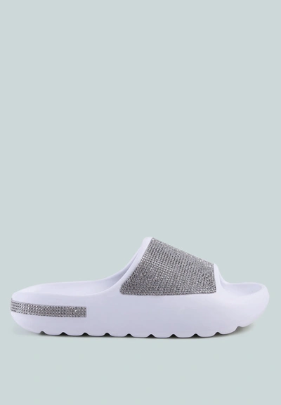London Rag Dumba Diamante Pool Sliders In White