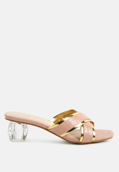 London Rag Stellar Gold Line Croc Textured Low Heel Sandals In Pink