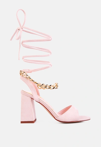 Shop London Rag Gone Gurl Chain Embellishment Tie Up Block Heel Sandals In Pink