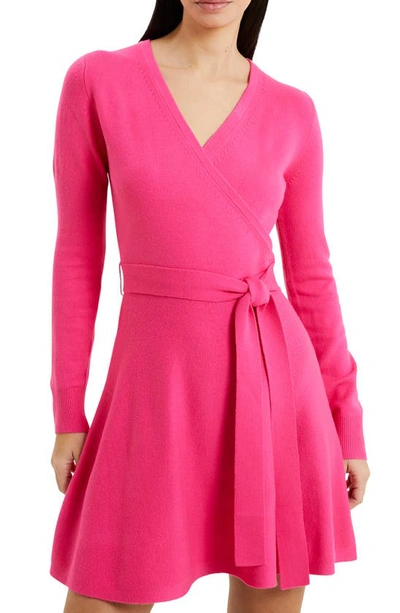 Shop French Connection Long Sleeve Faux Wrap Sweater Dress In Fuschia