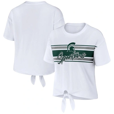 Shop Wear By Erin Andrews White Michigan State Spartans Striped Front Knot Cropped T-shirt