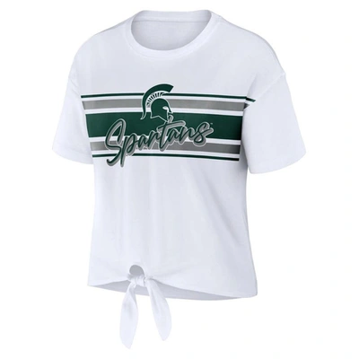 Shop Wear By Erin Andrews White Michigan State Spartans Striped Front Knot Cropped T-shirt
