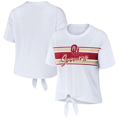 Shop Wear By Erin Andrews White Oklahoma Sooners Striped Front Knot Cropped T-shirt