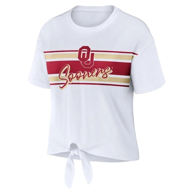 Shop Wear By Erin Andrews White Oklahoma Sooners Striped Front Knot Cropped T-shirt