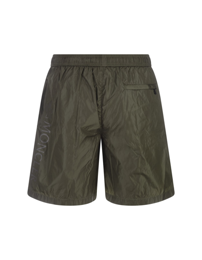 Shop Moncler Military Green Swim Shorts With Logo Patch In Verde