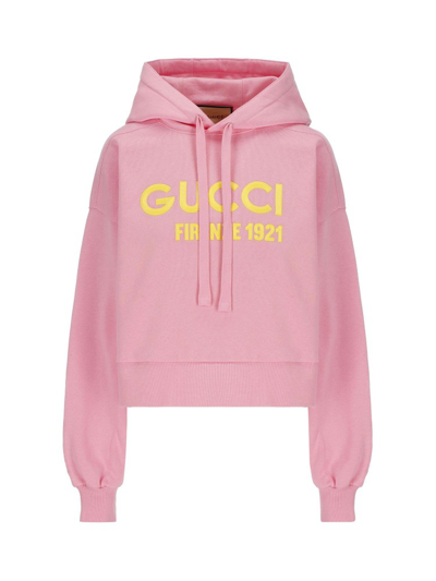 Shop Gucci Logo Embroidered Drawstring Hoodie In Pink