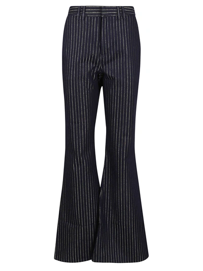 Shop Balmain Hw Lurex Striped Denim Flare Pants In Siq Bleu Jean Brut Or