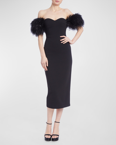 Shop Badgley Mischka Off-shoulder Feather-embellished Midi Dress In Black