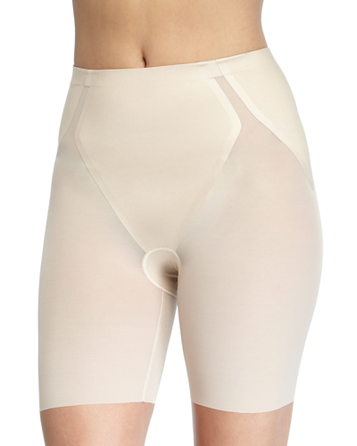 Shop Spanx Haute Contour Sheer Mid-thigh Shaper Shorts In Soft Sand