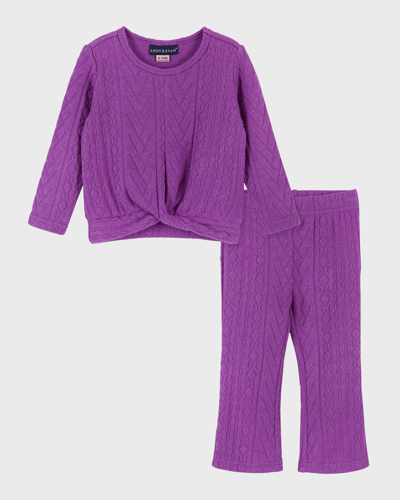 Shop Andy & Evan Girl's Cable Knit Sweatshirt & Flare Leggings Set In Purple Flare