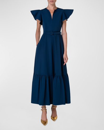Shop Akris Punto Cap-sleeve Belted Tiered-hem Taffeta Midi Dress In Ink