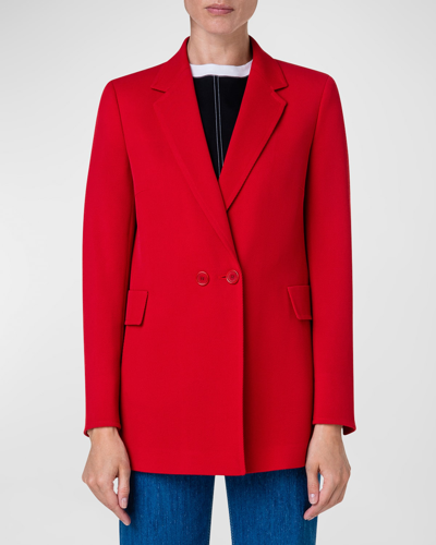 Shop Akris Punto Double-breasted Wool Tricotine Boyfriend Blazer Jacket In Red