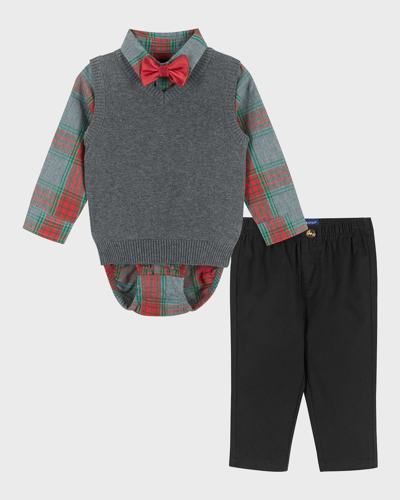 Shop Andy & Evan Boy's Holiday Check-print Bodysuit W/ Vest & Pants Set In Hol Grey Chk
