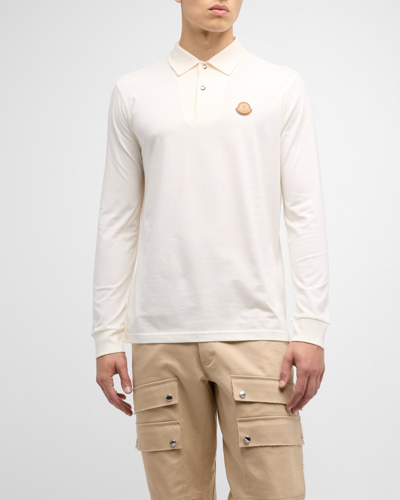 Shop Moncler Men's Polo Shirt With Leather Patch In Natural