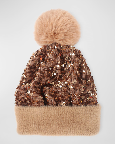 Shop Pia Rossini Kiaro Sequin Velvet Hat With Faux Fur Pom In Met001 Gold