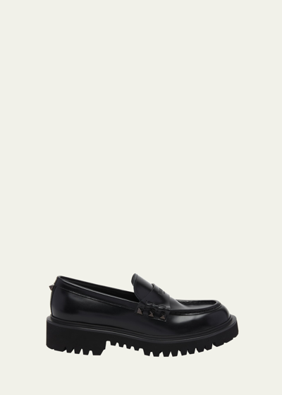 Shop Valentino Leather Rockstud Loafers With Logo Detail In 0no Nero