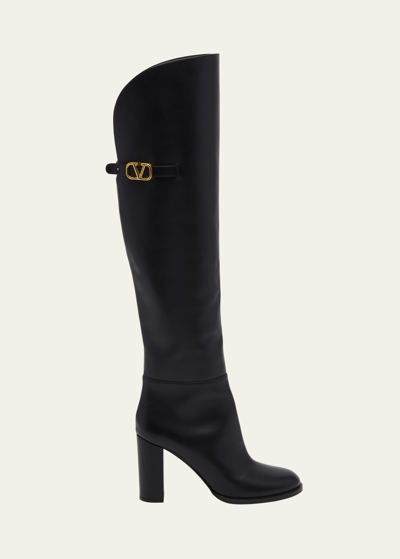 Shop Valentino Vlogo Over-the-knee Leather Boots In 0no Nero