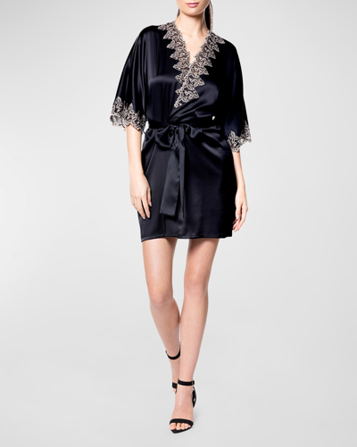 Shop Christine Lingerie Diva Elbow-sleeve Lace-trim Silk Robe In Noir