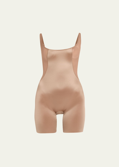 Shop Spanx Open-bust Mid-thigh Shaping Bodysuit In Cafe Au Lait