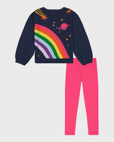 Shop Andy & Evan Girl's Rainbow & Space Graphic Sweater W/ Leggings In Navy Rainbow