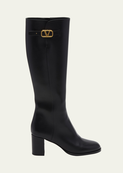 Shop Valentino Leather Knee High Boots With V Logo In 0no Nero