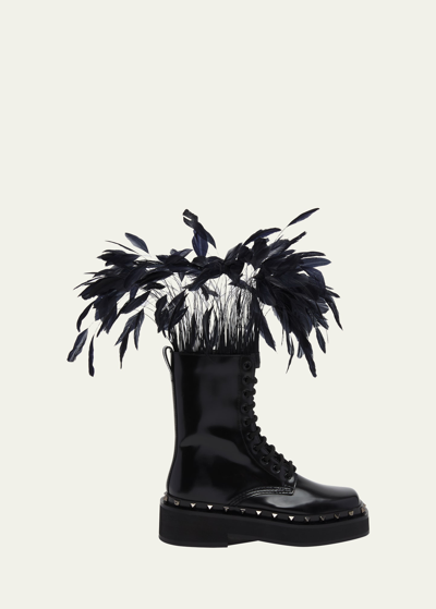 Shop Valentino Rockstud Patent Leather Combat Boots With Feathers In 0no Nero