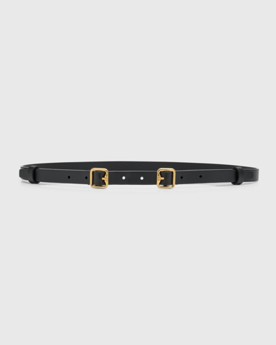 Shop Burberry Double Buckle Leather Skinny Belt In Black