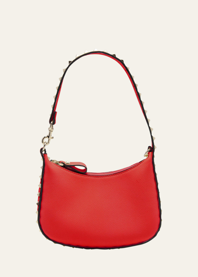 Shop Valentino Rockstud Grain Leather Hobo Bag In Ju5 Rouge Pur