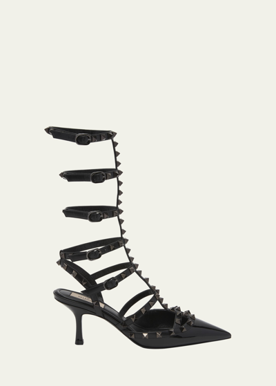 Shop Valentino Rockstud Leather Ankle-strap Pumps In 0no Nero